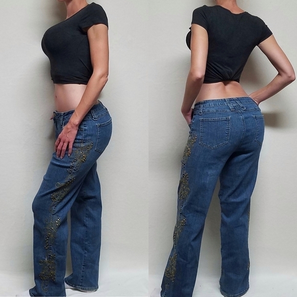 VINTAGE 90s Andre Bini Boho Gold Floral Studded Low Rise Flared Stretchy Jeans - Picture 1 of 14